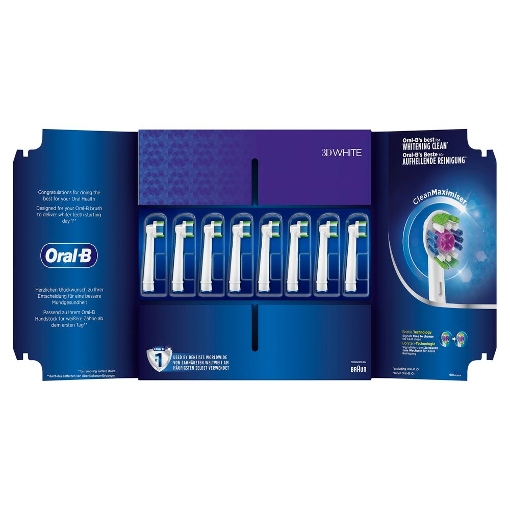Verpackung mit mehreren Zahnbürstenköpfen. Aufschrift: Oral-B, 3D White CleanMaximizer.