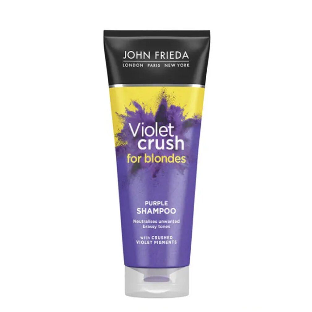 Violett-Shampoo-Tube. Schwarzer Deckel, gelber Hintergrund. Schriftzug: Violet Crush for blondes, Purple Shampoo.