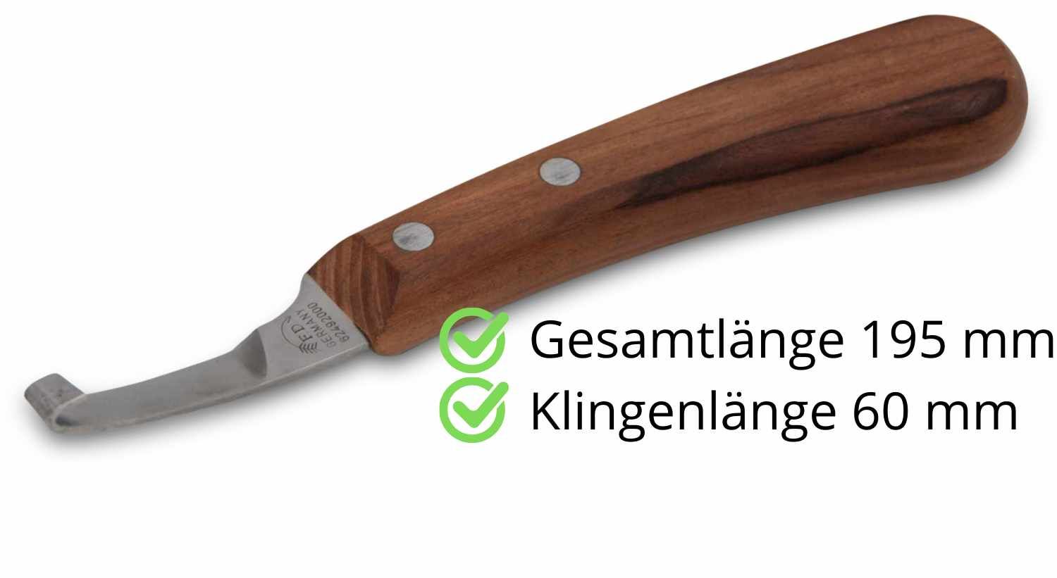 Hufmesser mit Holzgriff. Text: 'Gesamtlänge 195 mm', 'Klingenlänge 60 mm'.