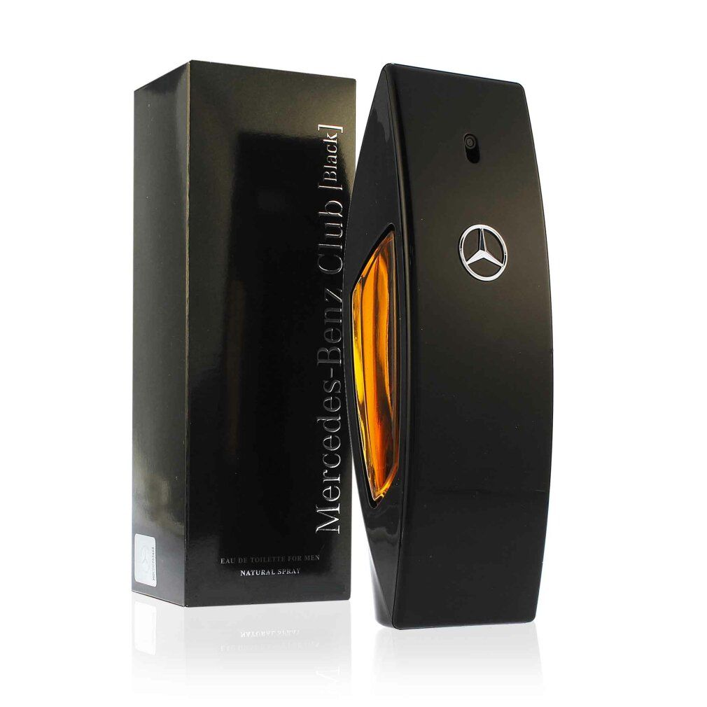 Schwarze Flasche und Karton. Flasche mit Mercedes-Benz Logo. Aufschrift: Mercedes-Benz Club [Black]. 3.4fl.oz. 100ml.
