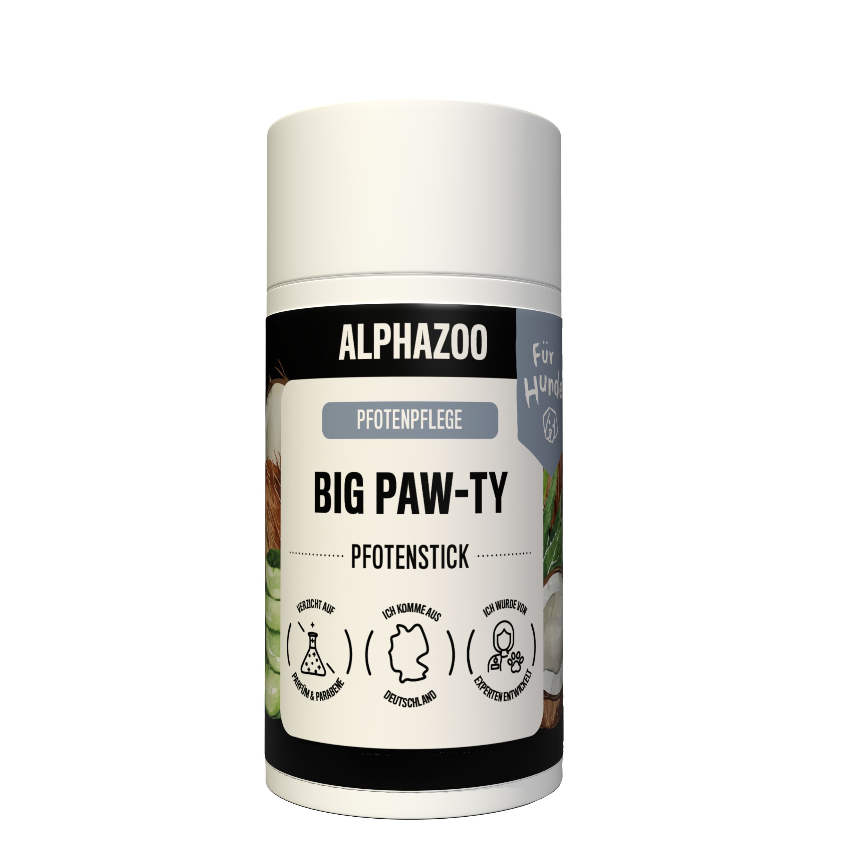 Zylindrische Verpackung mit Produktnamen "BIG PAW-TY Pfotenpflege". Logo "ALPHAZOO". Text: "Pfotenstick".