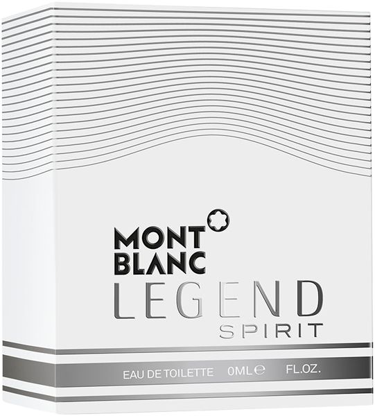 Weiße Verpackung mit Aufschrift: MONTBLANC LEGEND SPIRIT. Eau de Toilette. Schwarze Schrift.