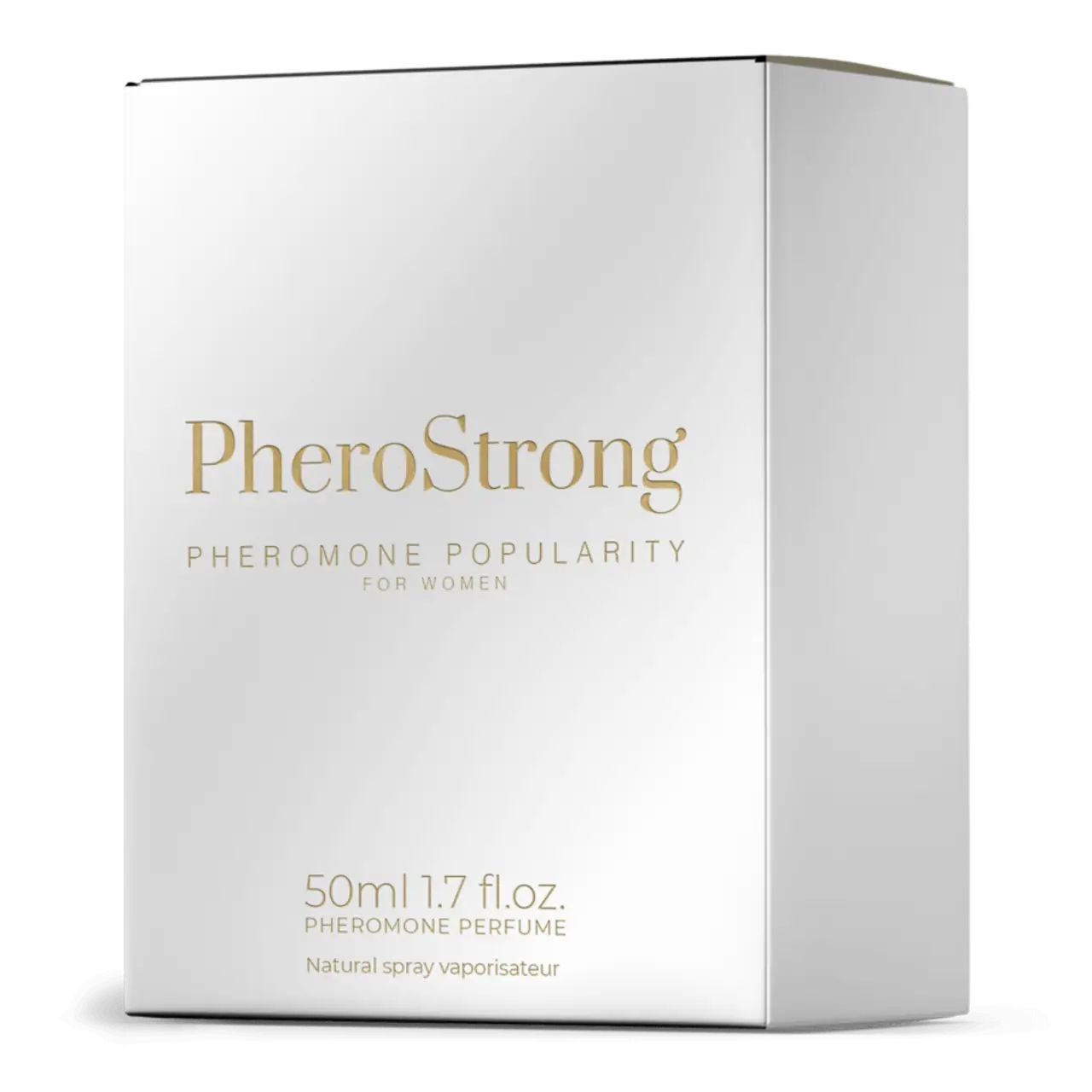Weiße rechteckige Verpackung. Goldfarbener Schriftzug: PheroStrong Pheromone Popularity für Frauen. 50ml 1.7 fl.oz. Pheromon-Parfüm.