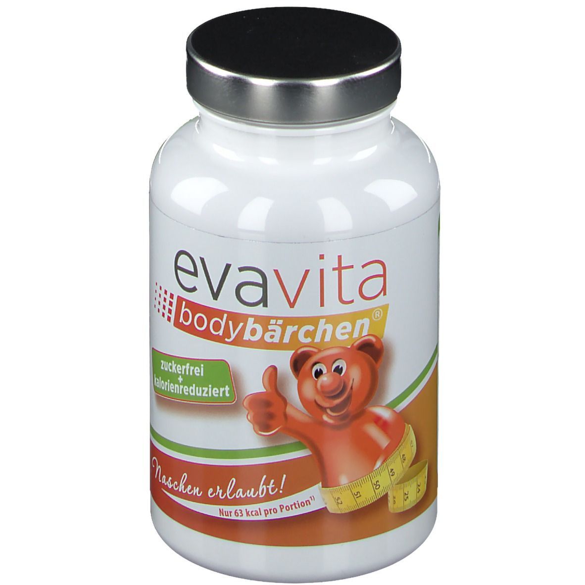 Weiße Flasche mit schwarzem Deckel. Aufschrift: evavita bodybärchen, zuckerfrei, kalorienreduziert. Bär mit Maßband.