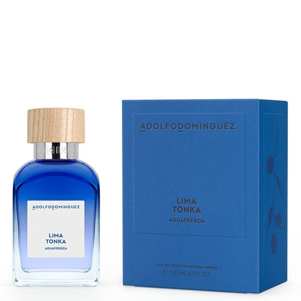 Blaues Parfümflakon und -schachtel. Aufschrift: Lima Tonka, Aquafresca, Eau de Toilette. Holzfarbener Verschluss.