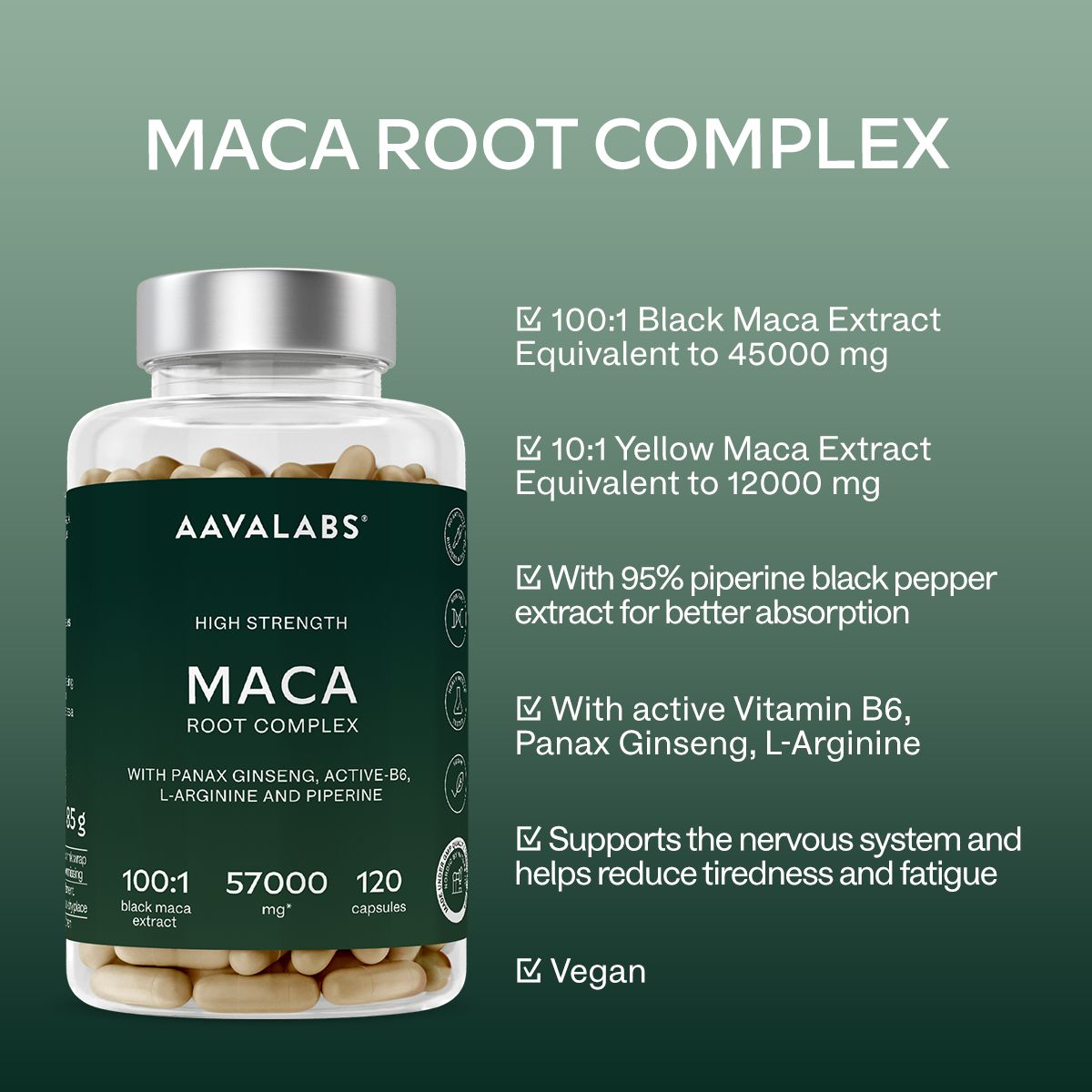 Flasche mit Kapseln und Text: 100:1 Black Maca, 10:1 Yellow Maca. Enthält Ginseng, L-Arginin, Vitamin B6.