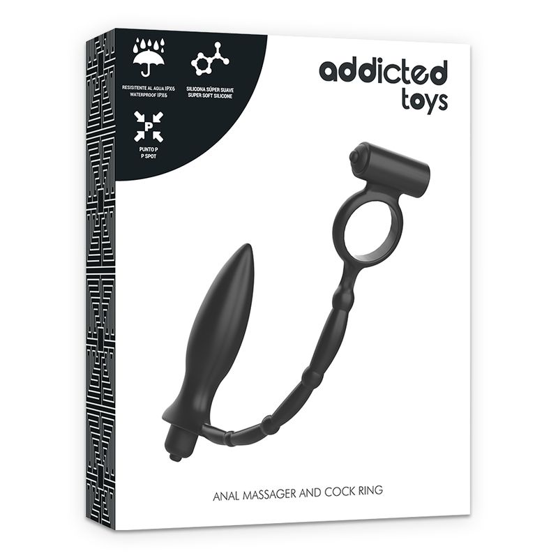 Verpackung mit Analplug und Vibrationsring. Schwarzes Produkt. Marke Addicted Toys. Text: Anal Massager and Cock Ring.