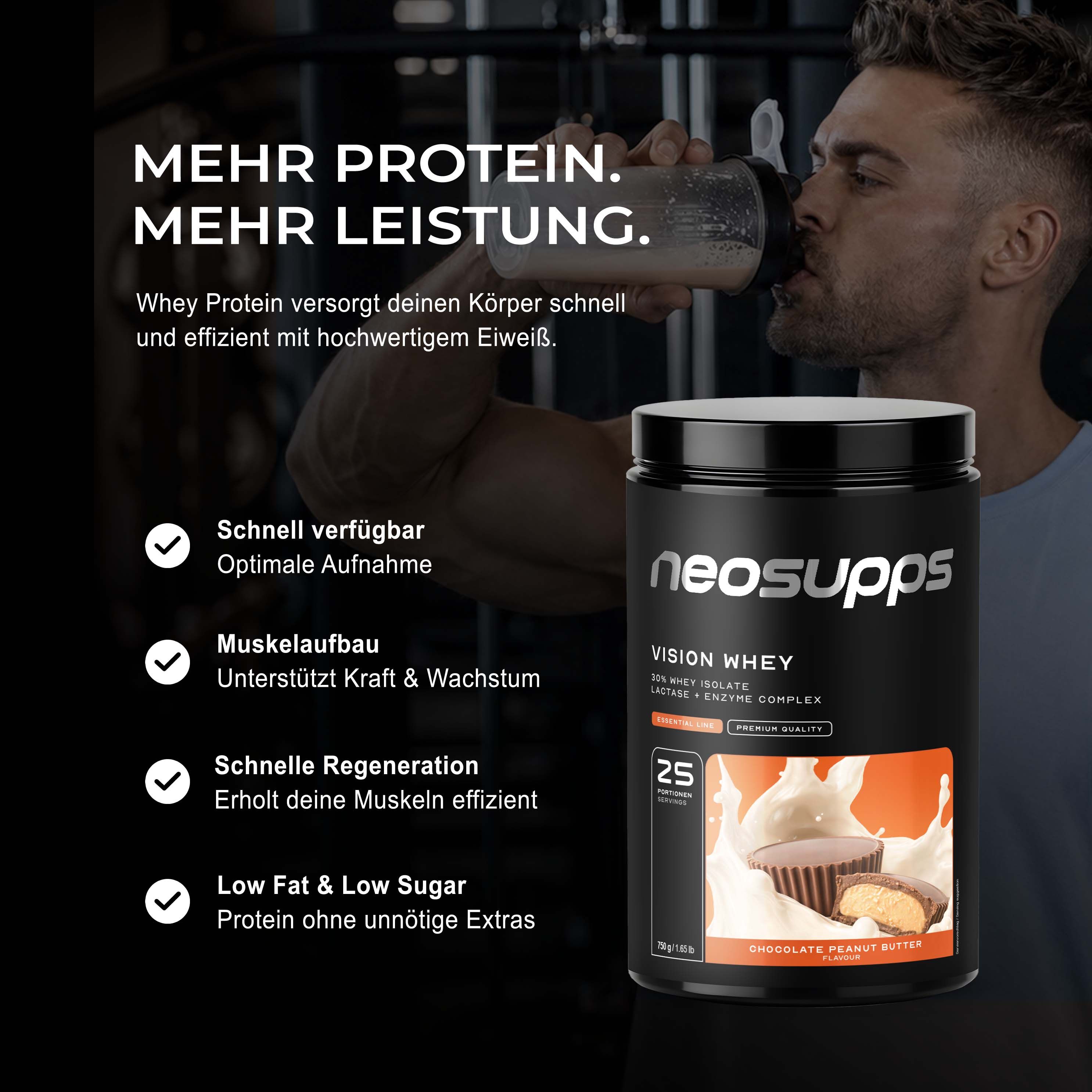 Neosupps Vision Whey Protein Chocolate Peanut Butter, 750g, Protein Pulver für Proteinshakes