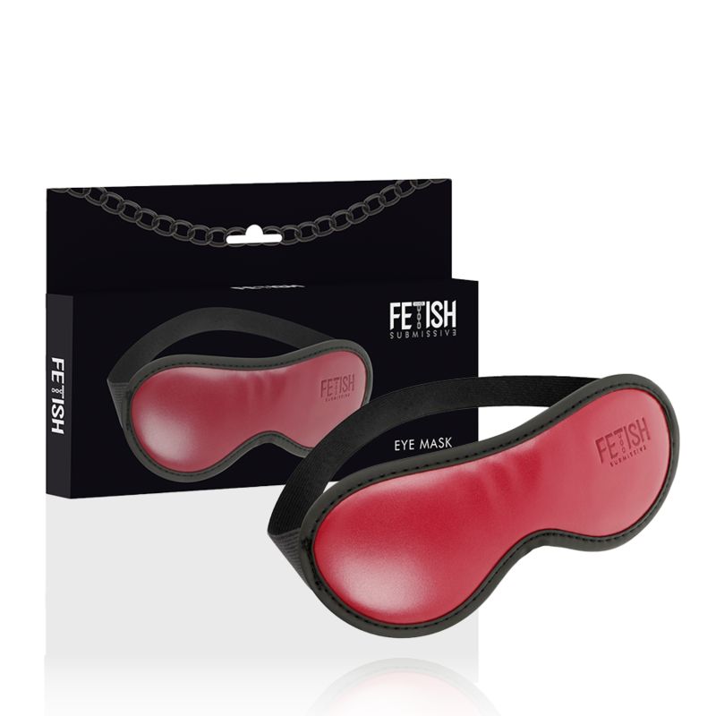 Rote Augenmaske mit schwarzem Rand und Gummiband. Schwarze Verpackung mit Kette und Logo. Aufschrift: FETISH SUBMISSIVE.