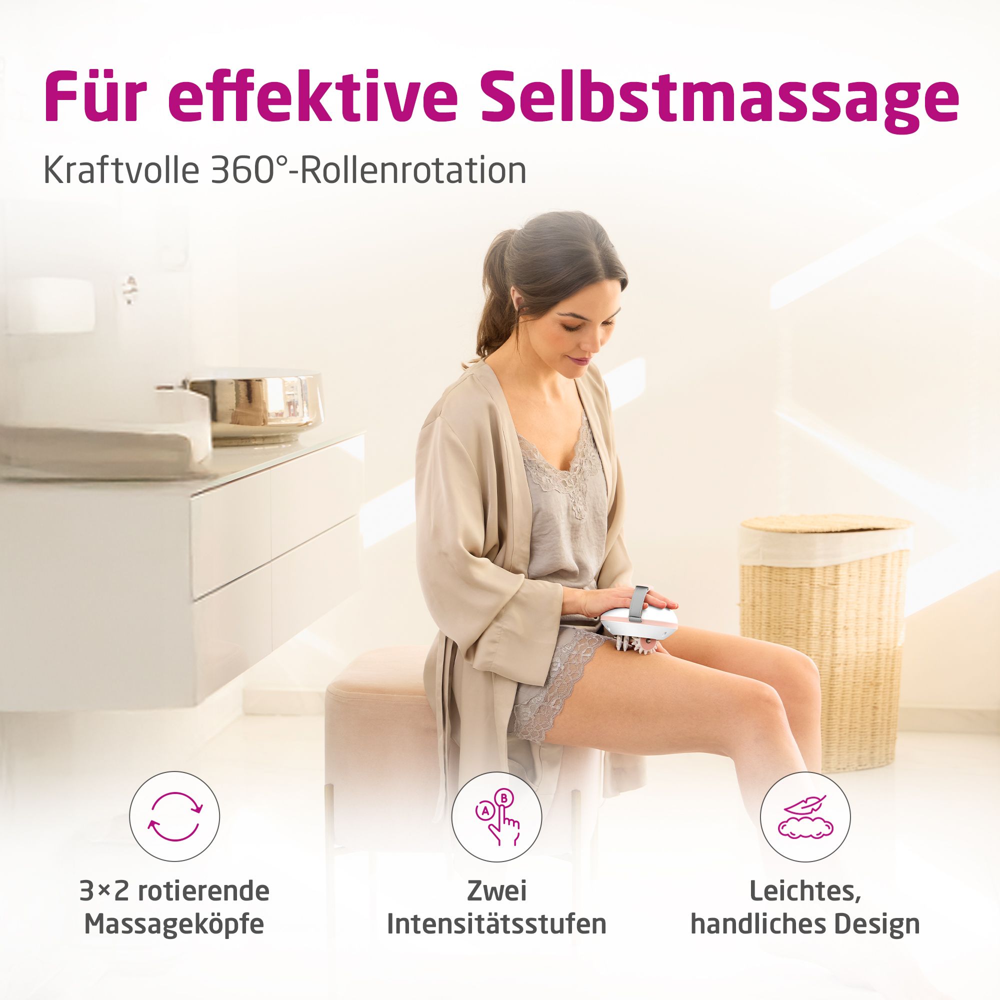 Frau benutzt ein Massagegerät am Bein, mit Icons für Massageköpfe und Intensität.