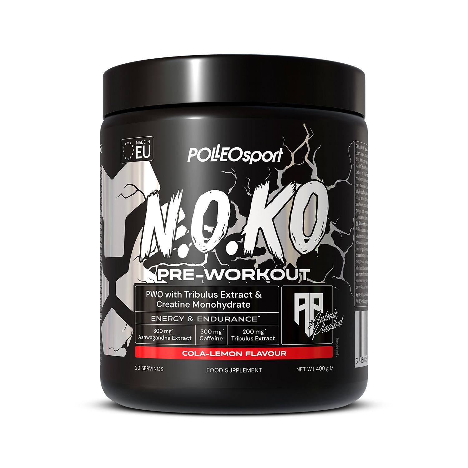 Dose N.O.KO Pre-Workout. Text: PWO with Tribulus Extract & Creatine Monohydrate. Geschmack: Cola-Lemon Flavour. 30 Portionen.
