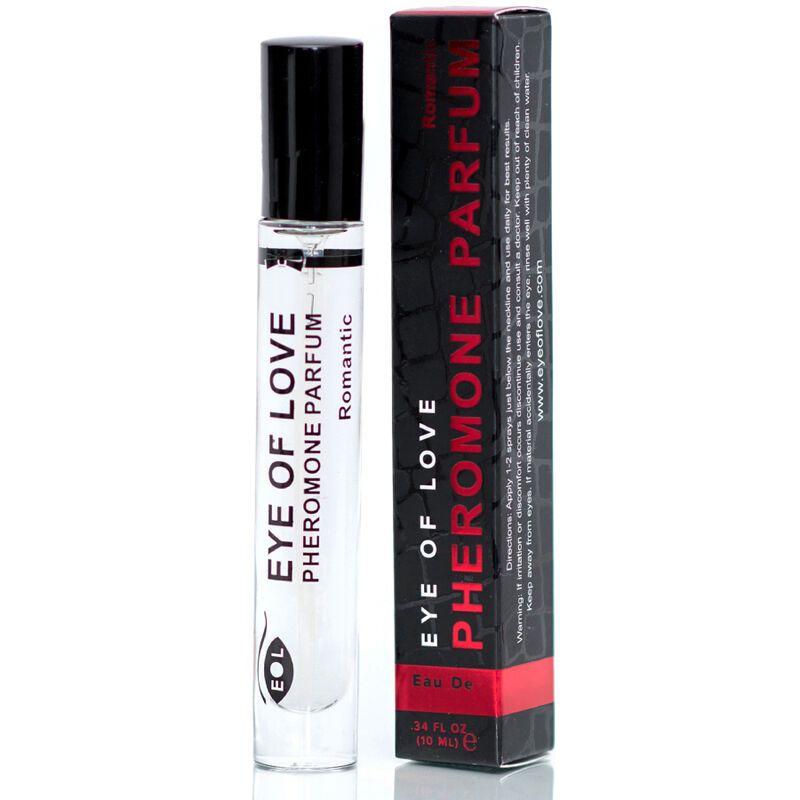 Parfümflasche mit schwarzem Zerstäuber und Karton. Aufschrift: EYE OF LOVE Pheromone Parfum Romantic. Karton mit roter Schrift.