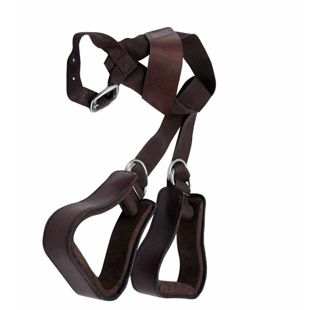 Braune Steigbügel mit Riemen und Ringen. Leder und Nylon. Form: U-förmig. Für Westernsättel.
