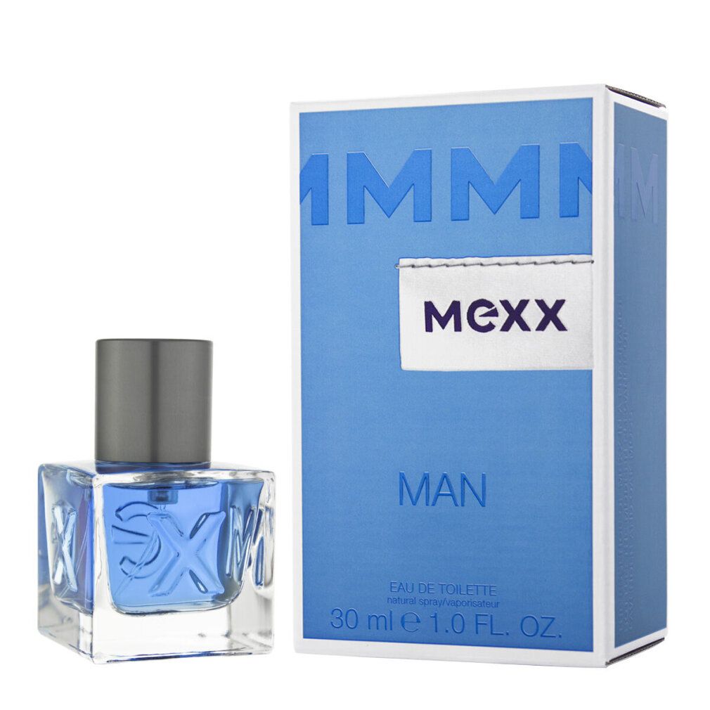 Mexx Man Eau de Toilette. Eckiger Glasflakon mit silbernem Deckel. Blaue Flüssigkeit. Blaue Verpackung mit Mexx-Logo und Schriftzug Man.