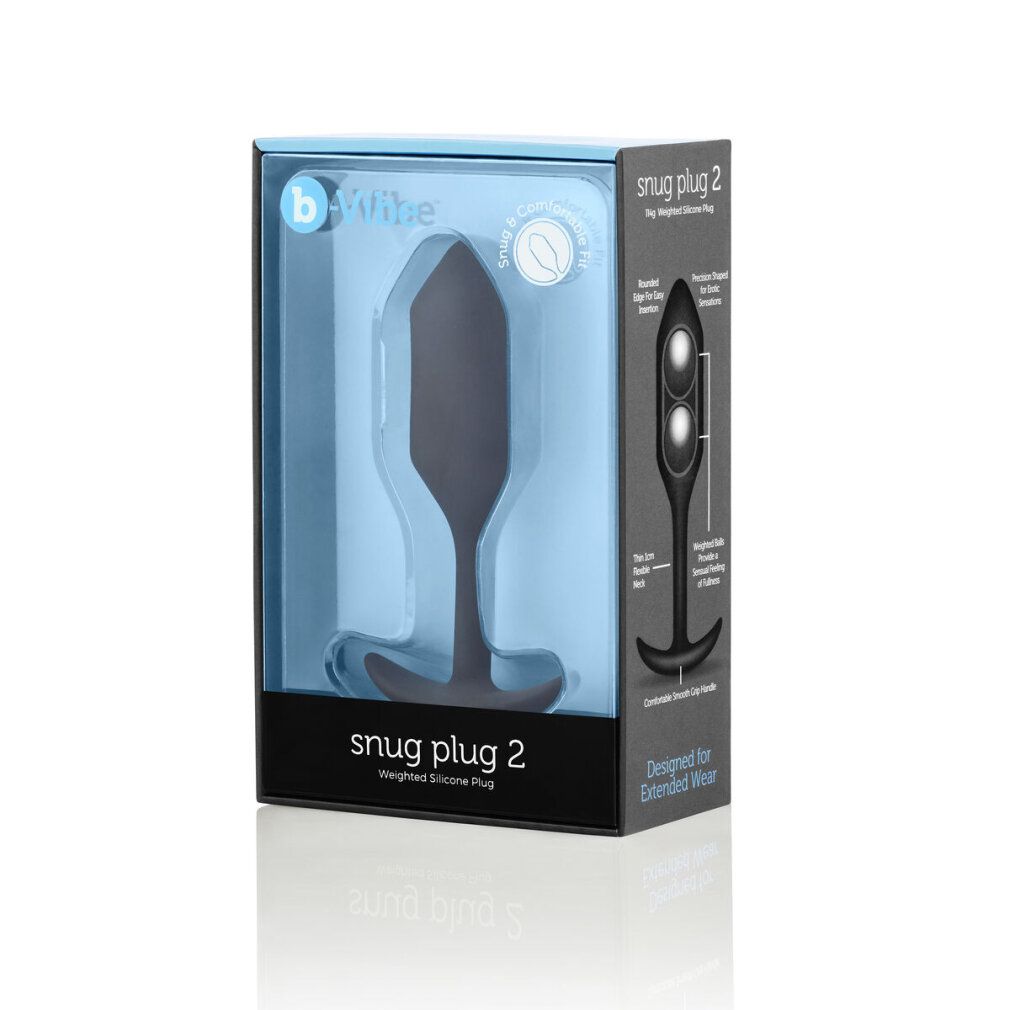 Verpackung mit schwarzem Plug. Produktname 'snug plug 2' und Marke 'b-Vibe' sichtbar.