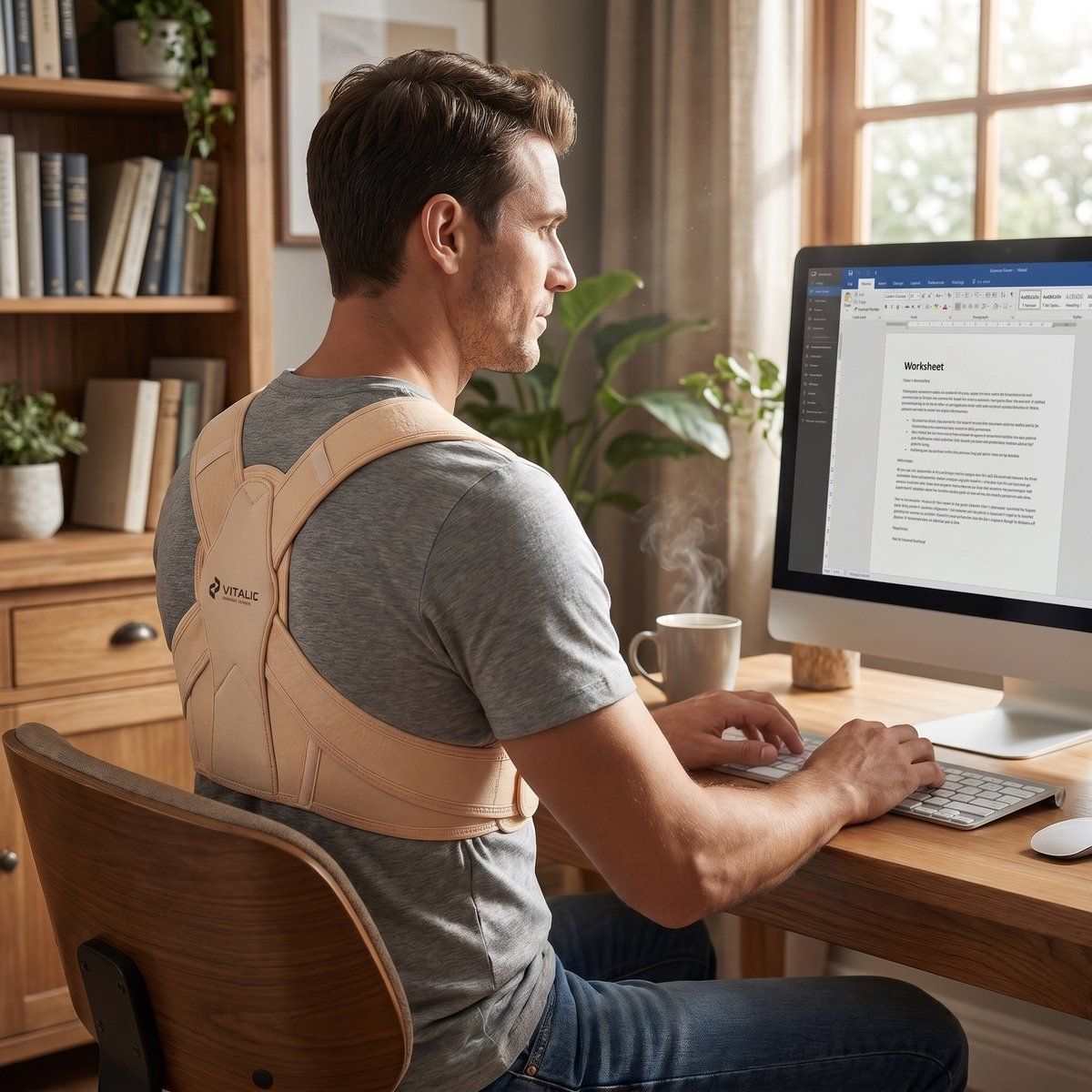 Mann am Schreibtisch, trägt eine beige Rückenbandage. Er sitzt vor einem Computer.