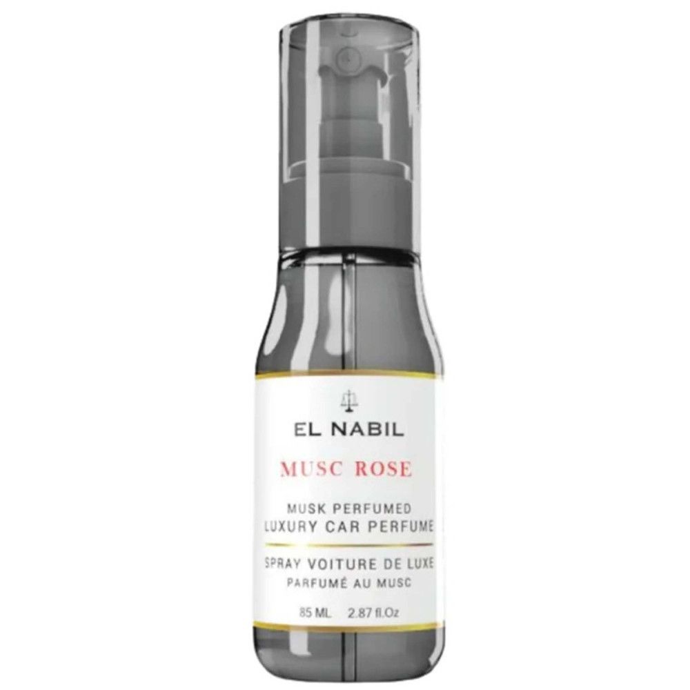 Graue Sprühflasche mit weißem Etikett. Text: EL NABIL, MUSC ROSE, LUXUS-Autoparfüm. 85 ml.