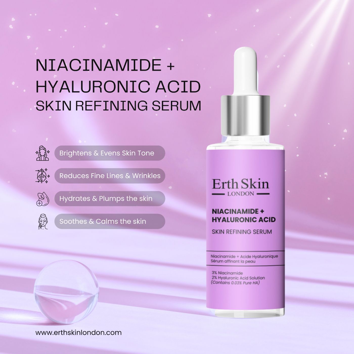 Serumflasche mit Pipette. Aufschrift: Niacinamid + Hyaluronsäure. Lila Etikett. Enthält 3% Niacinamid. Mit Illustrationen.