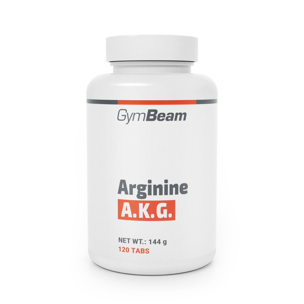 GymBeam Arginin A.K.G. Tablettenbehälter, weiß, mit schwarzem und rotem Streifen. Enthält 144g, 120 Tabletten.