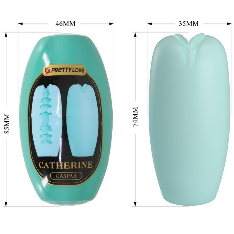Hellblaues Masturbationsgerät mit Größenangaben. Logo und Produktname sichtbar.