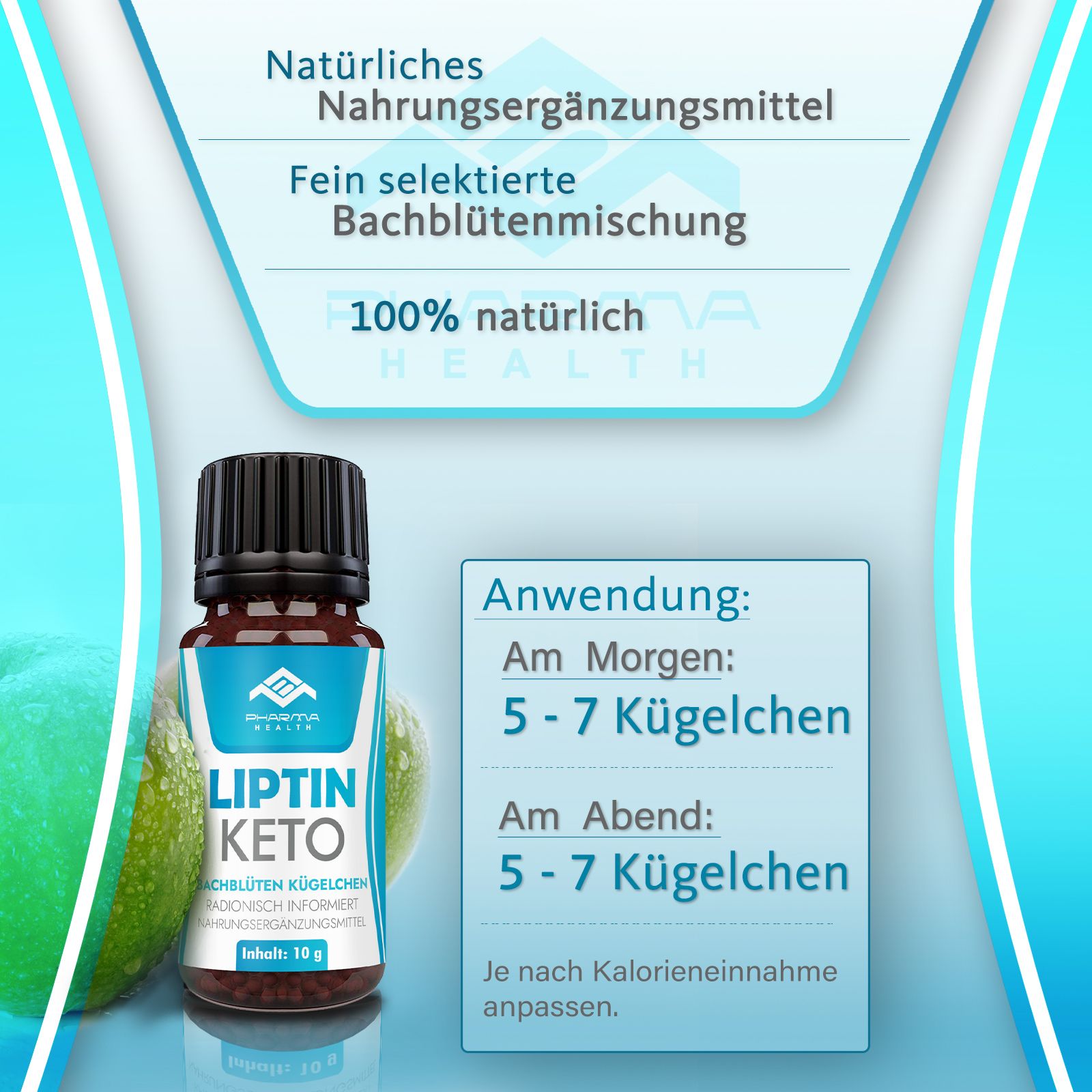 Braune Glasflasche mit schwarzem Deckel. Aufkleber mit "Pharma Health", "Liptin Keto" und weiteren Texten. Anwendungshinweise.