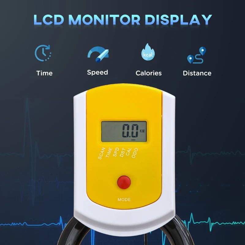 LCD-Monitor mit Anzeige von Zeit, Geschwindigkeit, Kalorien und Distanz. Roter Knopf.