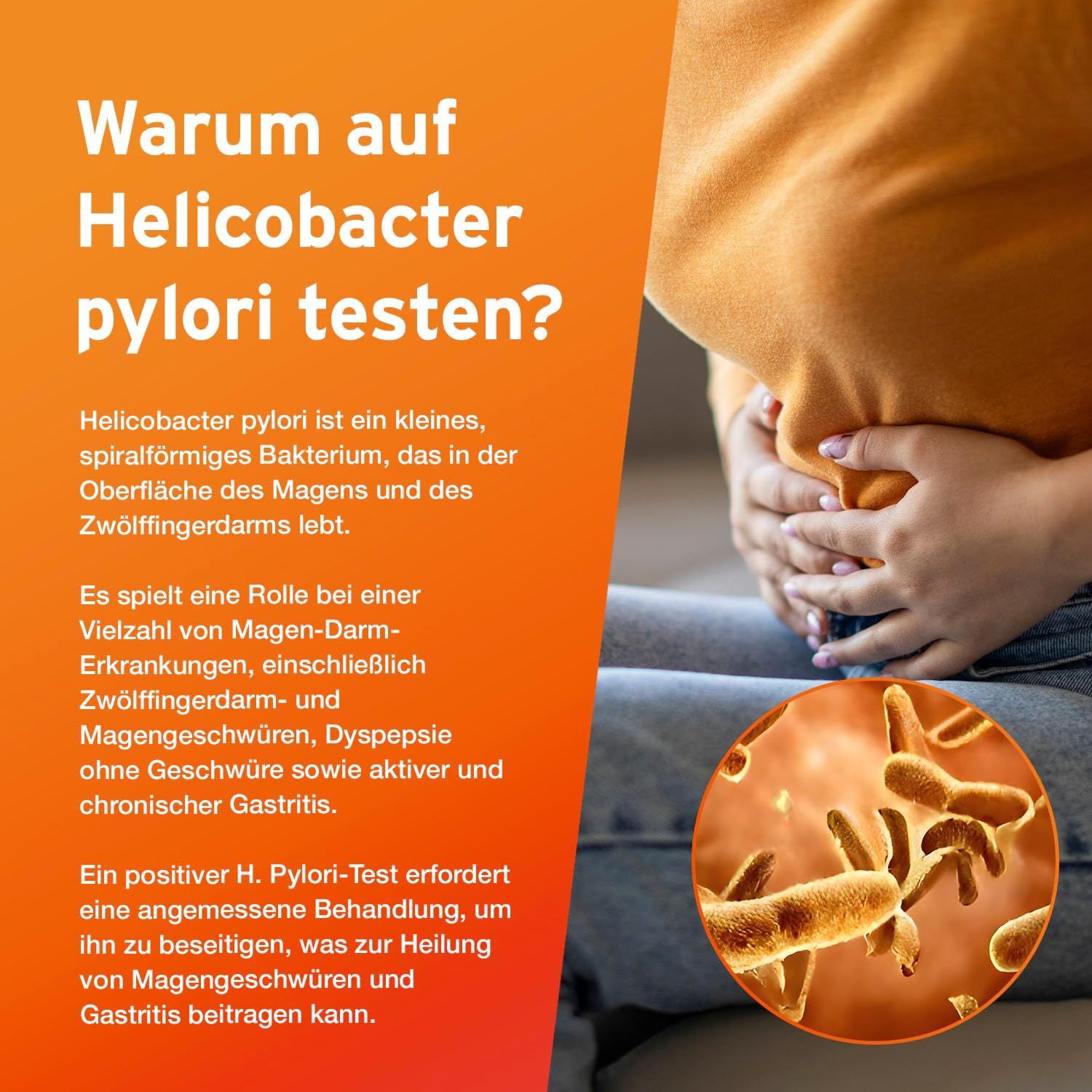 Person hält sich den Bauch. Grafik zeigt Bakterien. Text: Warum auf Helicobacter pylori testen? Erläuterung zu Magen-Darm-Erkrankungen.