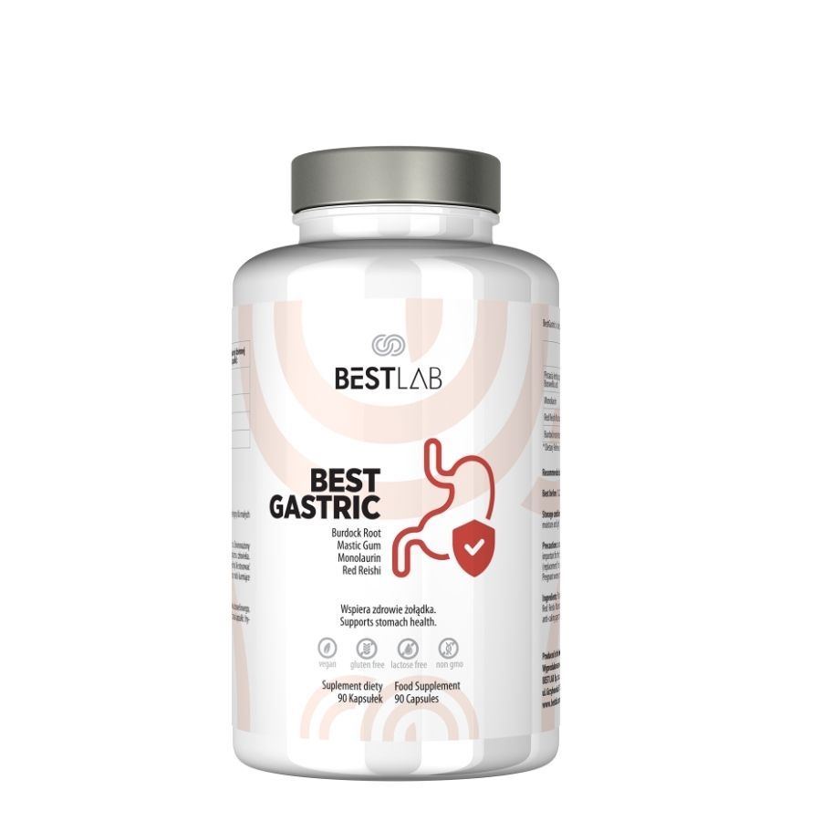 Weiße Flasche mit grauen Deckel. Aufschrift: BEST LAB BEST GASTRIC. Rotes Magen-Symbol. 90 Kapseln. Nahrungsergänzungsmittel.