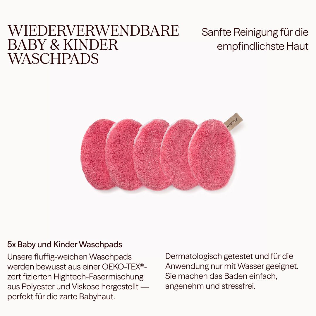 Fünf pinke Waschpads. Text: Wiederverwendbare Baby & Kinder Waschpads. Dermatologisch getestet. Aus Polyester und Viskose.