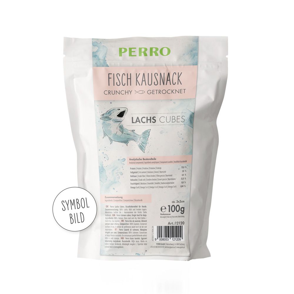 Weißer Beutel mit Aufdruck. Enthält Fisch-Kausnack. Text: PERRO, FISCH KAUSNACK, LACHS CUBES. Abbildung eines Fisches. 100g.
