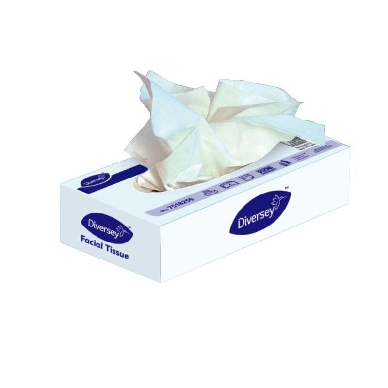 Weiße Kosmetiktücher in einer rechteckigen Box. Die Box hat blaue Logos und die Aufschrift "Diversey Facial Tissue". Einige Tücher ragen heraus.