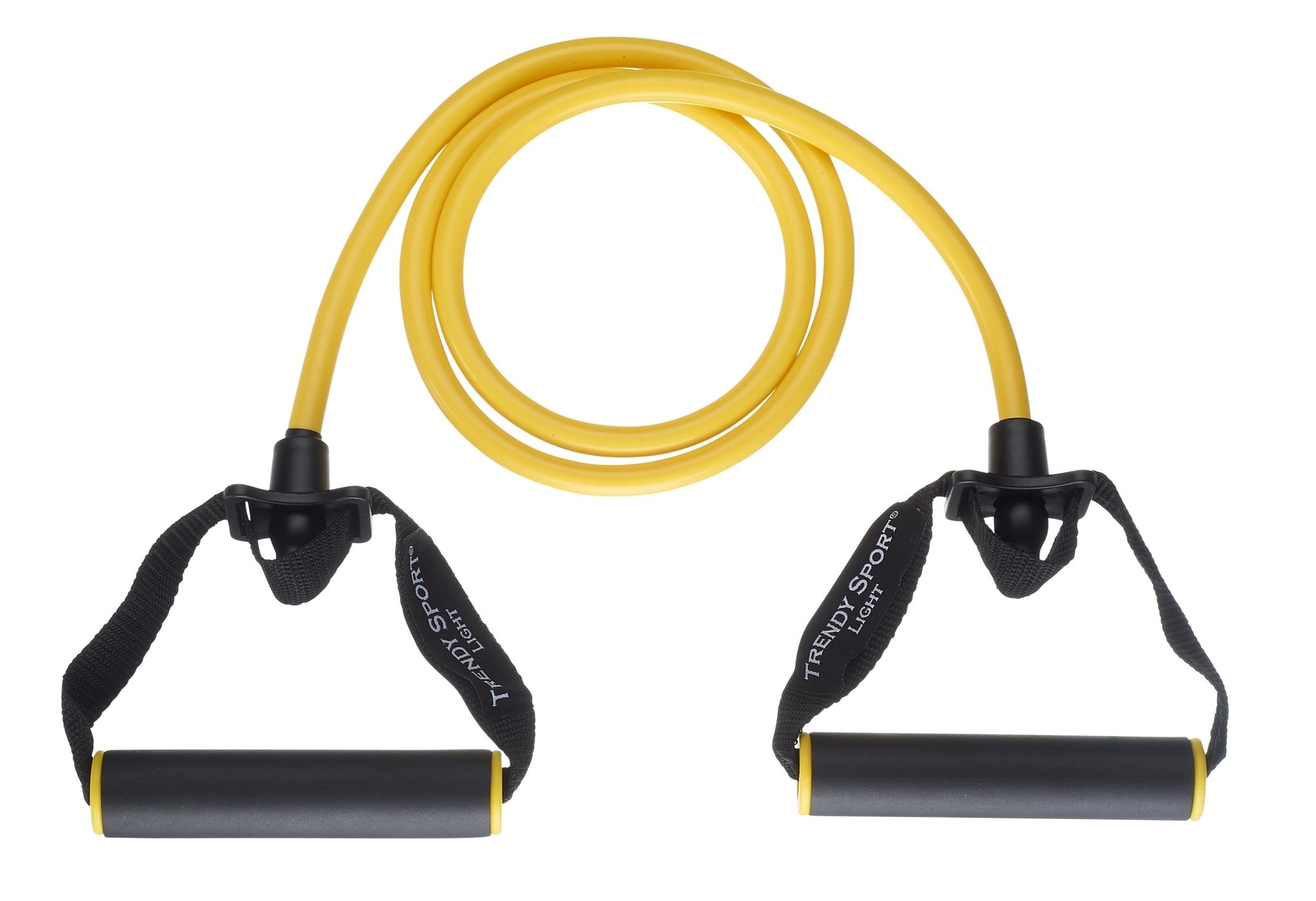 Gelbes Fitnessband mit schwarzen Griffen. Auf den Griffen steht "Trendy Sport Light".