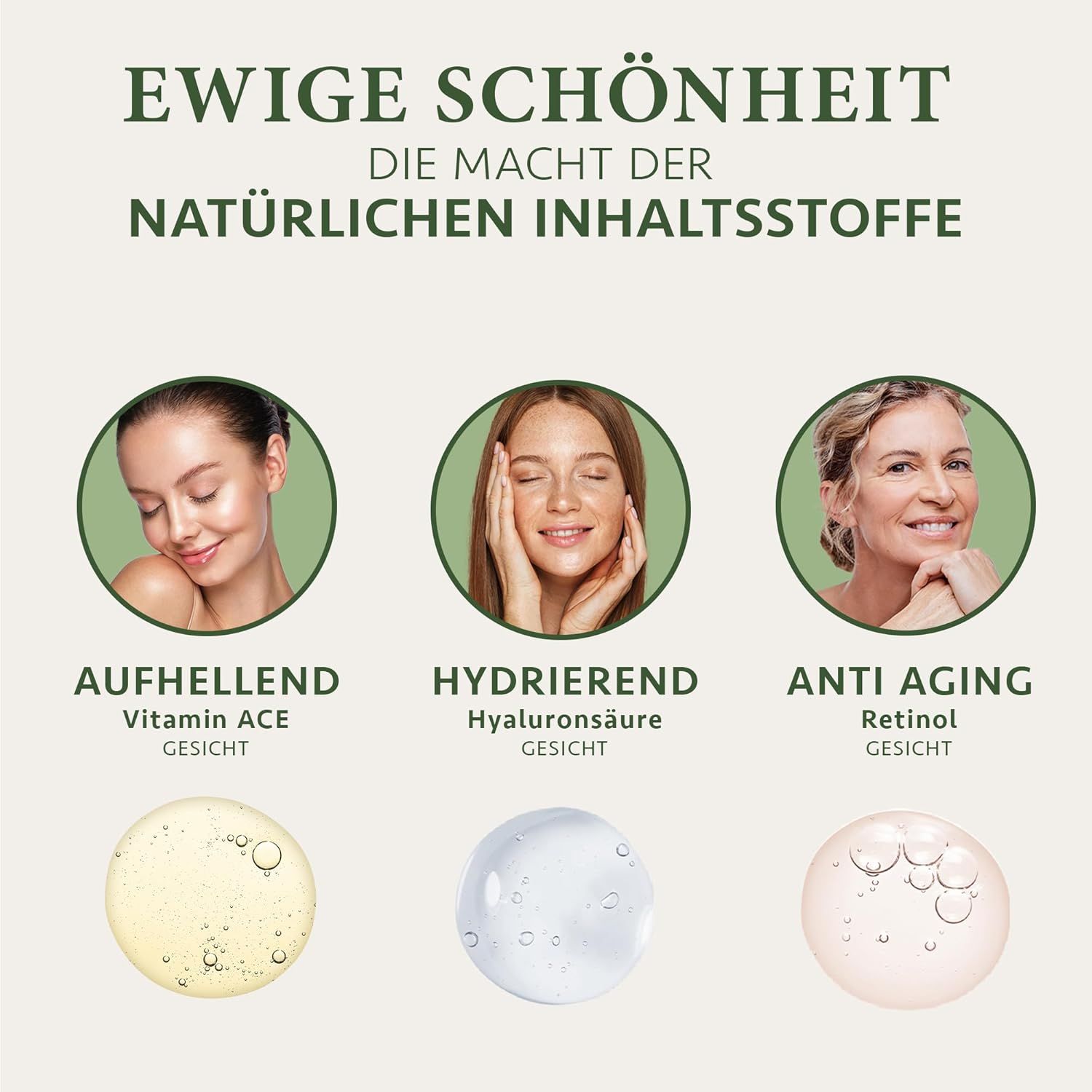 Drei Gesichter mit den Aufschriften: Aufhellend, Hydrierend, Anti Aging. Darunter Serum-Tropfen. Text: Natürliche Inhaltsstoffe.