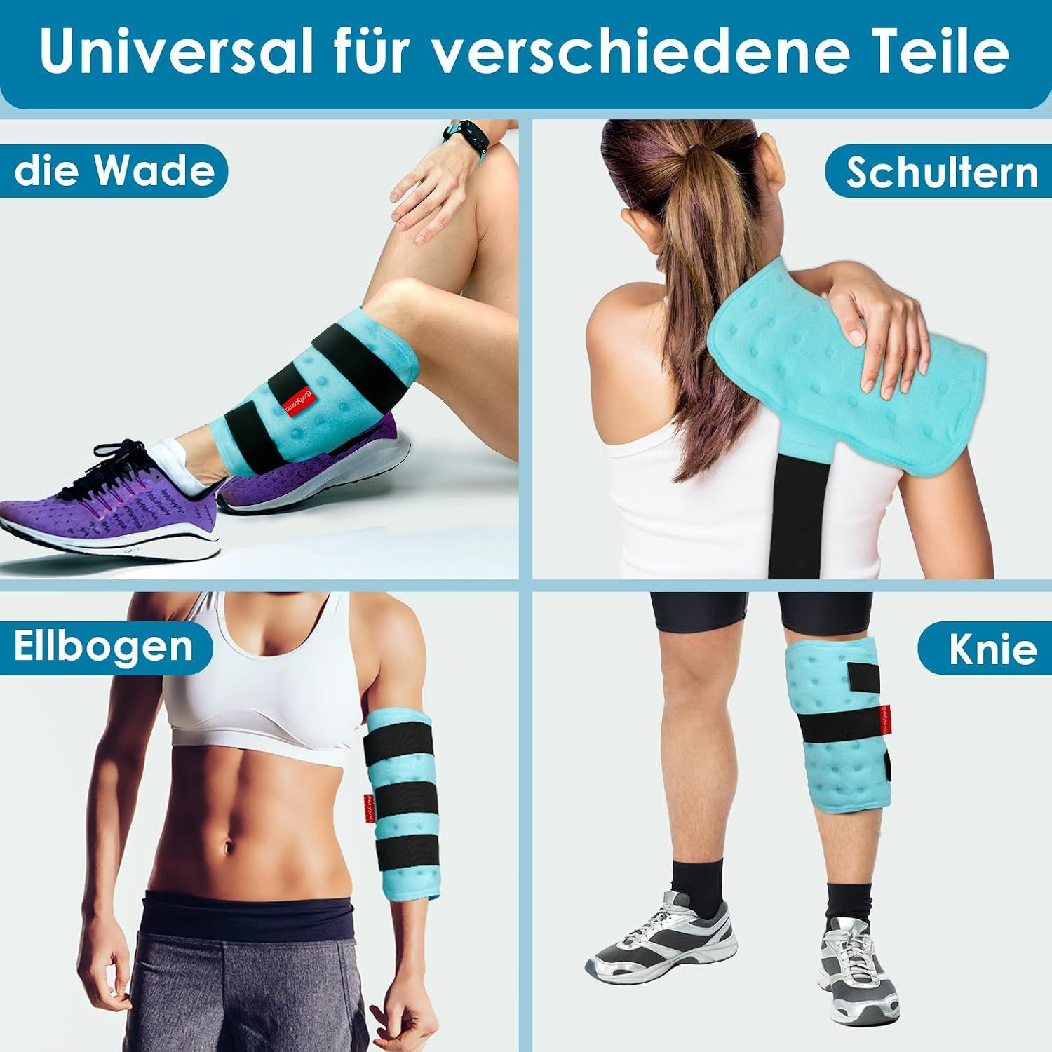 Personen mit blauen Kühlbandagen an den Unterschenkeln und einem Basketball.