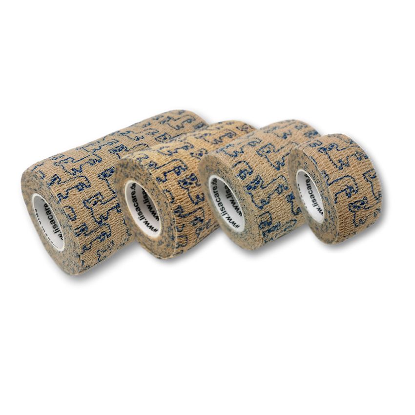 Mehrere Rollen kohäsiver Bandagen in Beige mit Alpaka-Motiv.