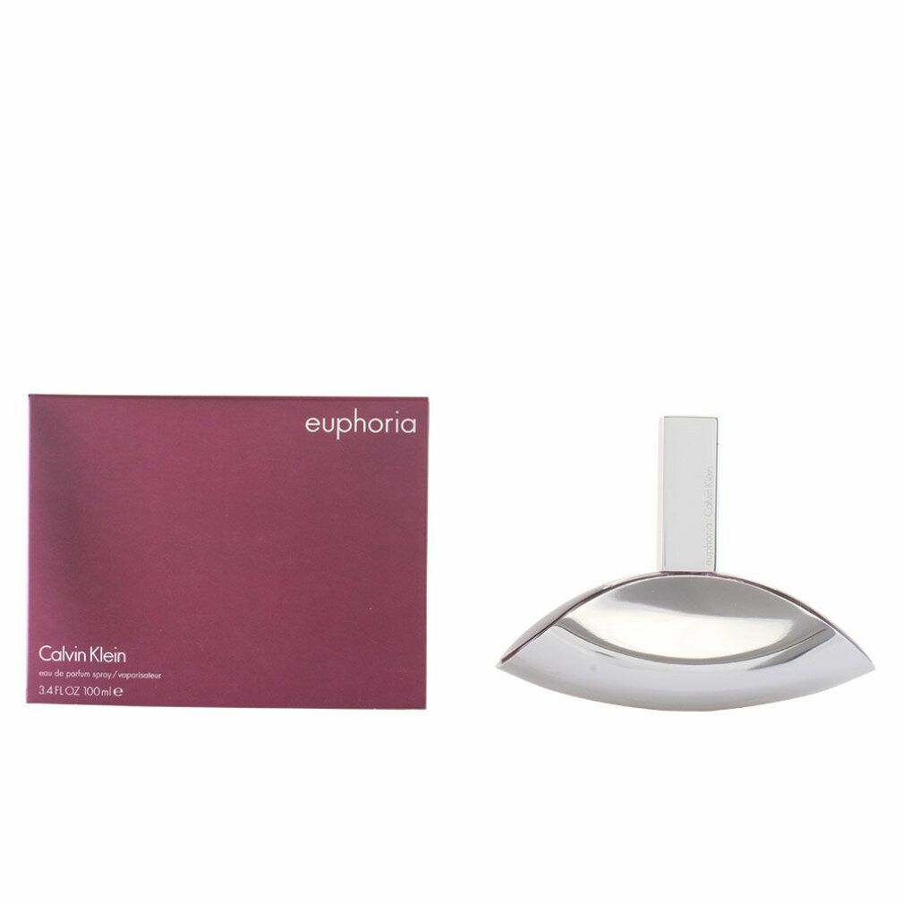 Parfümflakon und Verpackung. Die Verpackung ist rot und trägt den Schriftzug "euphoria". Der Flakon ist silberfarben.