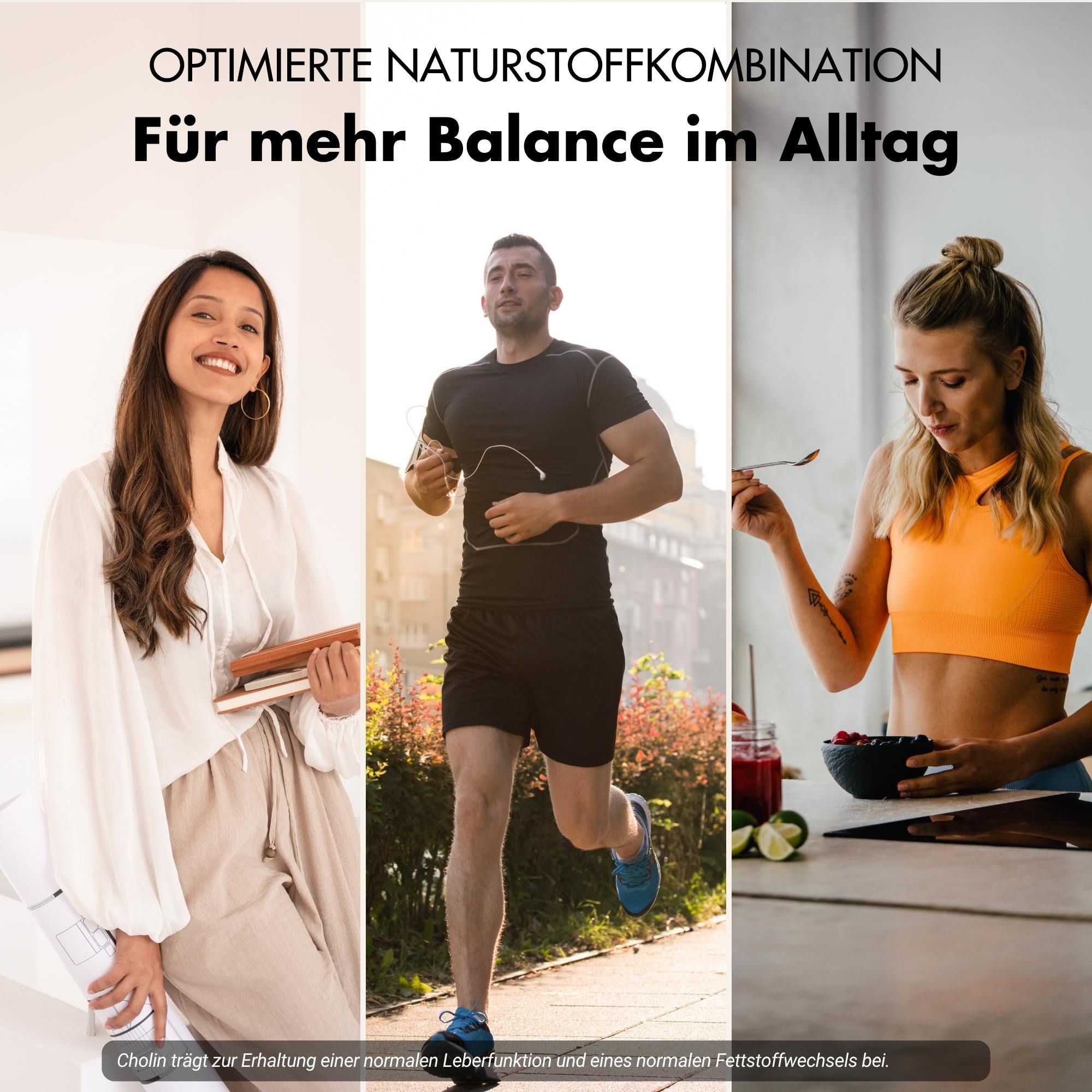 Drei Personen in Alltagssituationen. Text: Für mehr Balance im Alltag. Flasche mit LEBER PLUS KOMPLEX.