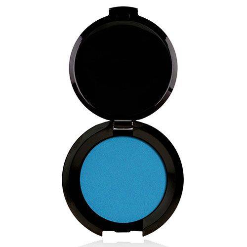 Runder, offener, schwarzer Kosmetikkasten mit blauem Lidschatten. Deckel oben, geöffnet.