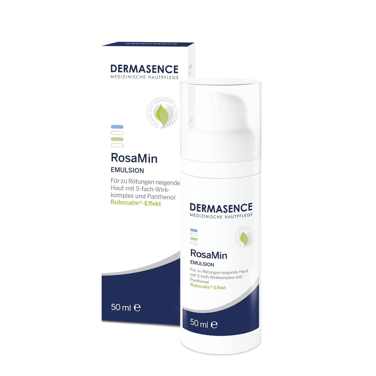 DERMASENCE RosaMin Emulsion. Weiße Flasche und Verpackung. Text: Für zu Rötungen neigende Haut mit 5-fach Wirk-Komplex und Panthenol.