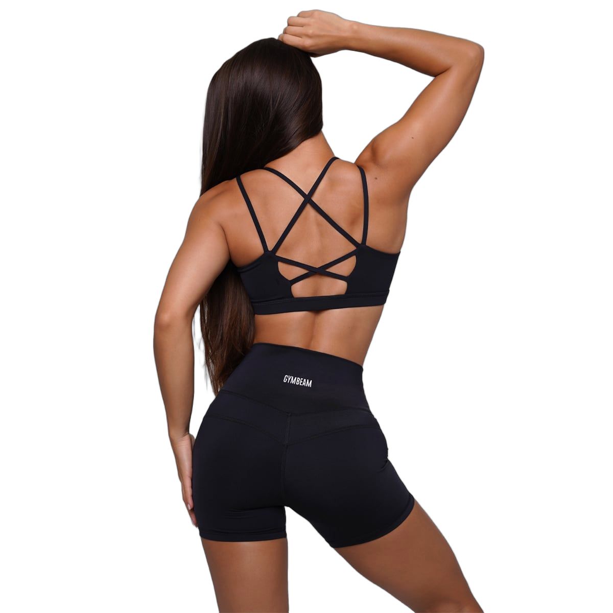 Schwarze Damen-Shorts mit hohem Bund, elastischem Material und seitlichen Taschen.