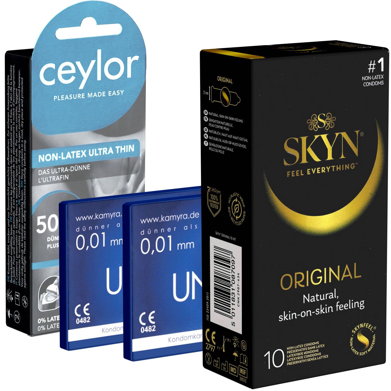 Drei Kondompackungen. Links: ceylor, 50 Stück, ultra dünn. Mitte: zwei blaue Kondome. Rechts: SKYN, 10 Stück, original.