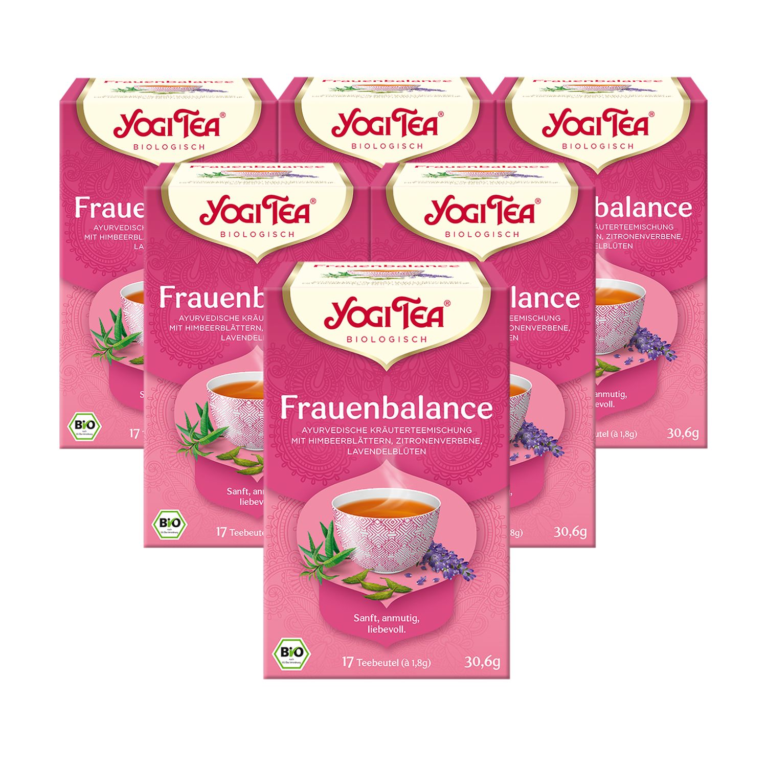Mehrere Packungen Yogi Tea Frauen Balance Bio Kräutertee. Rosa Verpackung mit Logo und Produktbezeichnung. Bio-Siegel.