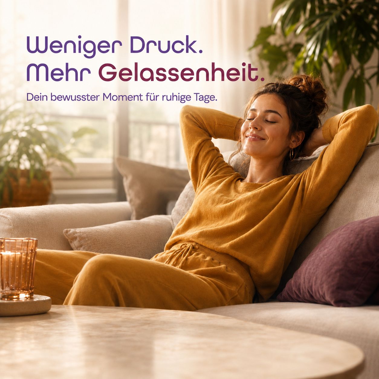 Frau entspannt auf einem Sofa liegend, mit Kerze und Pflanzen im Hintergrund.