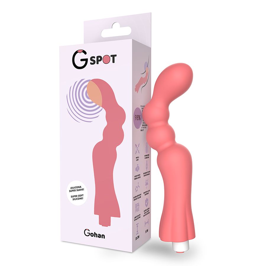 Produkt und Verpackung. Aufschrift G-Spot und Gohan. Produkt in korallenroter Farbe. Text: Silicone Super Suave, Super Soft Silicone.