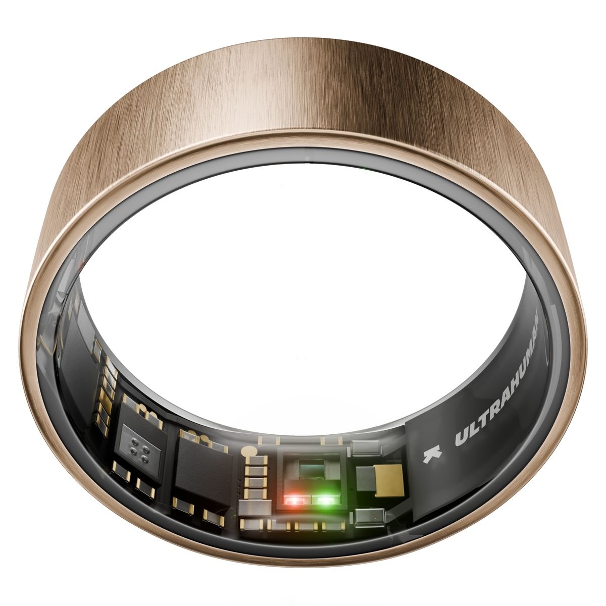 Ring, goldfarben, mit freiliegender Elektronik. Innenliegend: Schriftzug ULTRAHUMAN. Rotes und grünes Licht.