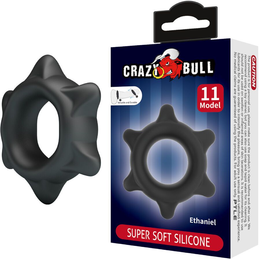 Produktverpackung mit Penisring und Box. Aufschrift: Crazy Bull, Ethaniel, Super Soft Silicone.