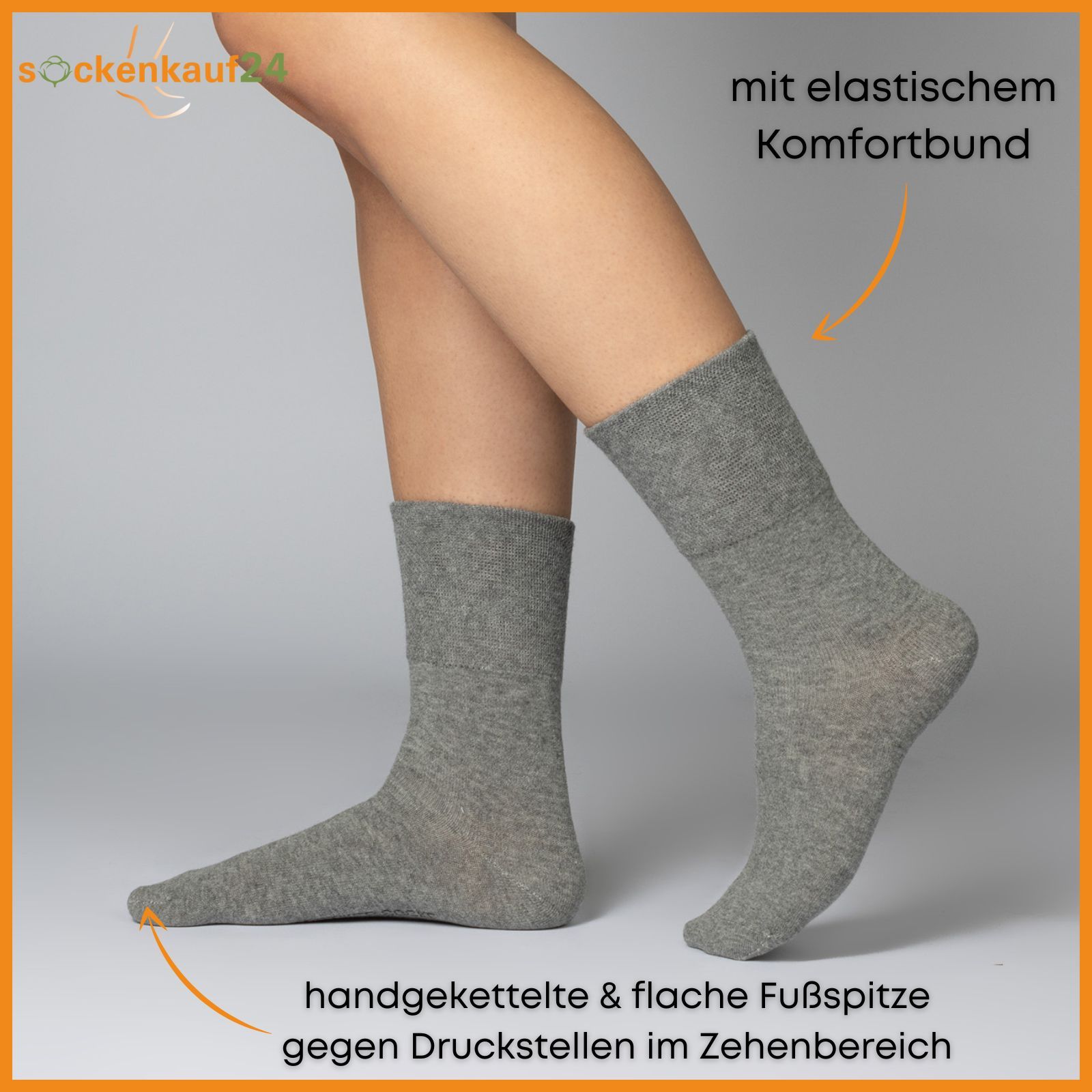 Graue Socken am Bein. Text: Handgekettelte & flache Fußspitze gegen Druckstellen im Zehenbereich.