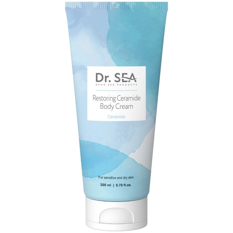 Creme-Tube mit weißem Deckel. Aufschrift: Dr. SEA, Restoring Ceramide Body Cream. Blaue und weiße Farbgebung.