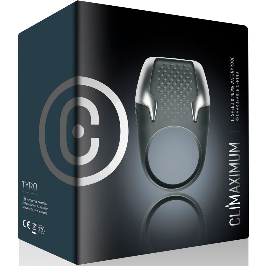Produktverpackung. Schwarze Schachtel mit Produktabbildung. Aufschrift: Climaximum, Tyro, 10 Speed & 100% Waterproof Rechargeable C-Ring.