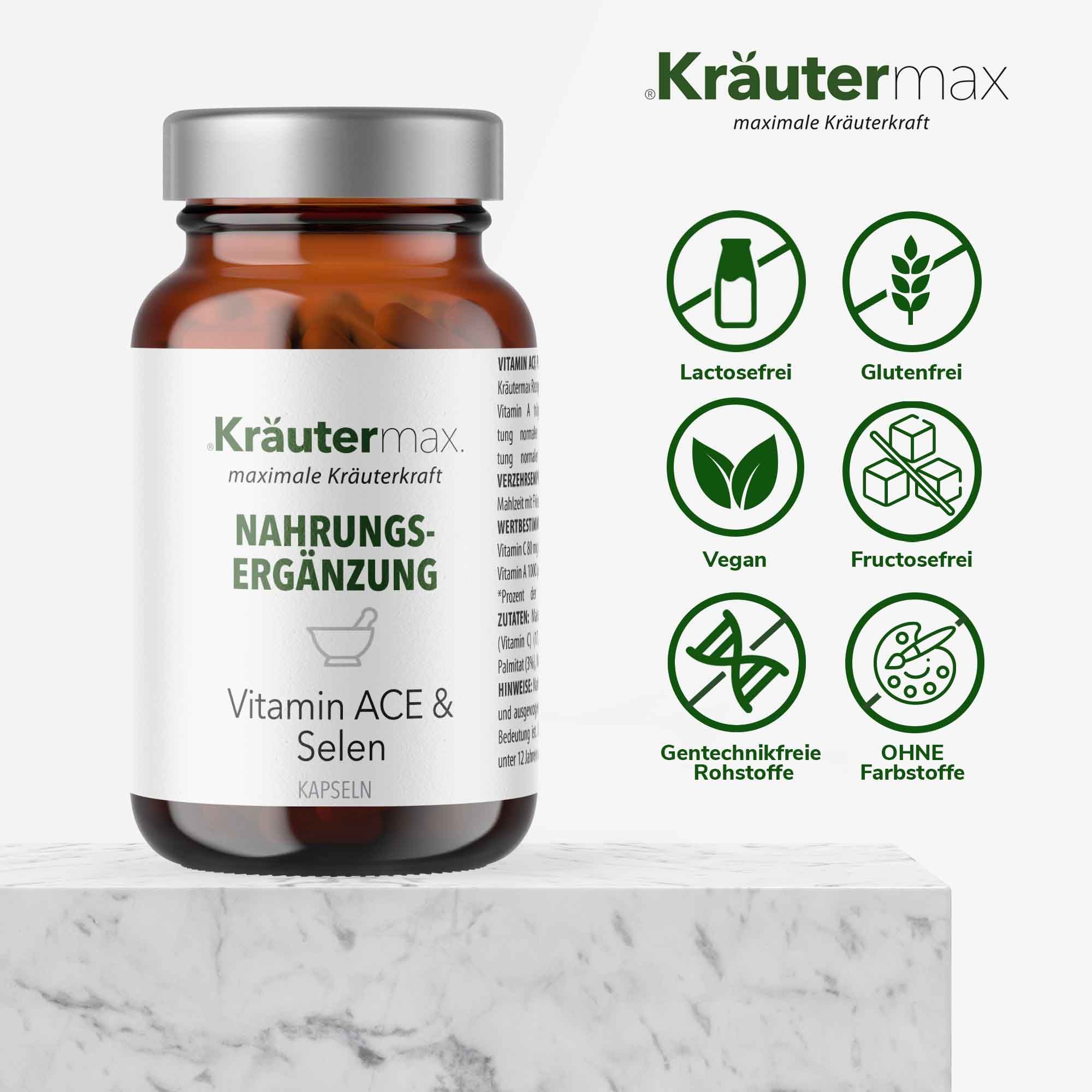 Braune Glasflasche mit Kräutermax Vitamin ACE & Selen Kapseln. Symbole für lactosefrei, glutenfrei, vegan, etc. auf weißem Hintergrund.